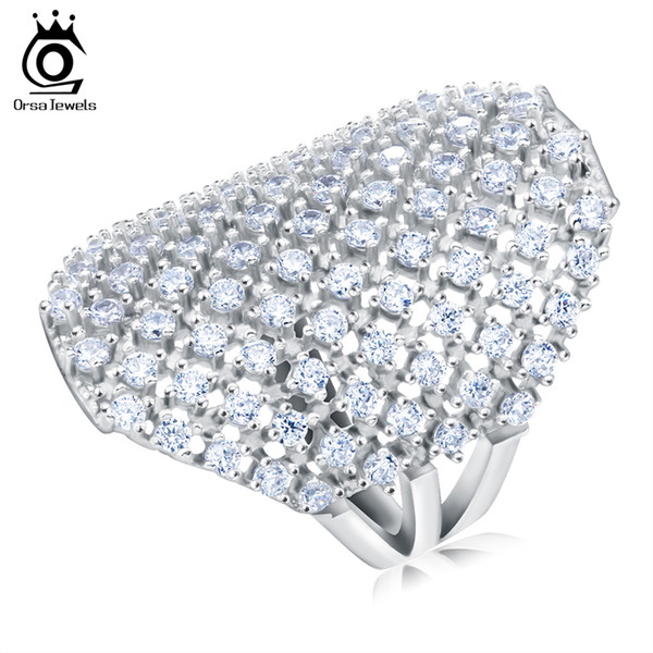 ORSA Silver Color Big Ring 82 Pieces Cubic Zircon Paved Luxury Rings for Woman Prom Evening Party Jewelry anillos OR92