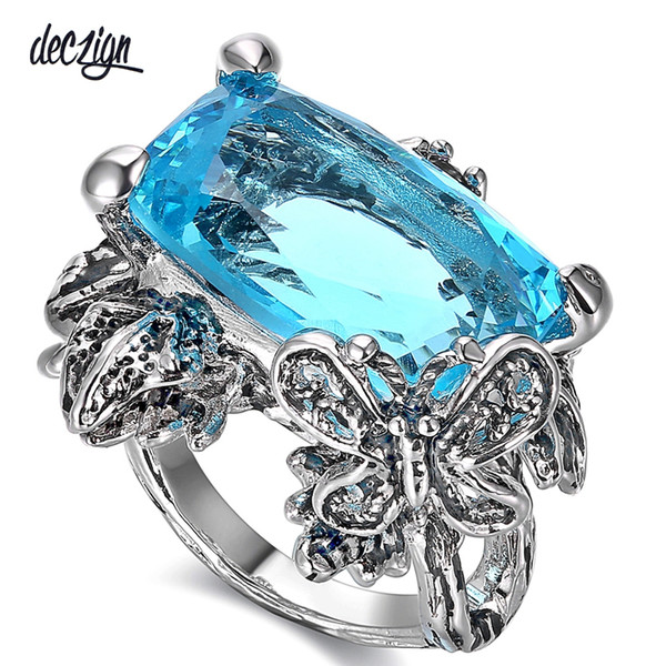 Deczign Butterfly Ring for Women Big Blue Cubic Zircon Anti-Rhodium Color Vintage Jewelry Factory Direct WA11552