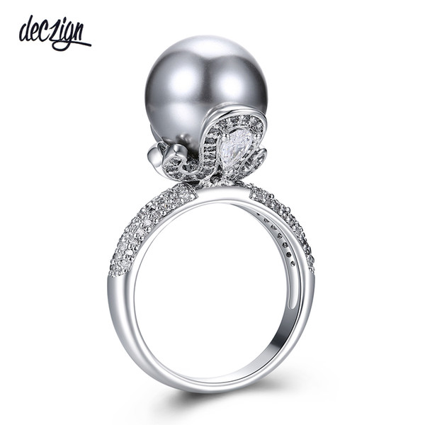 Deczign Brand New Elegant Wedding Ring for Women Grey Pearl Micro Cubic Zircon Paved Jewelry Party Must Have WA11530