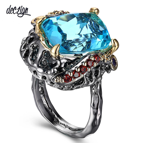 Deczign Brand New Gothic Ring for Women Big Blue Square Sparkling Cut Cubic Zirconia Wedding Party Jewelries WA11550