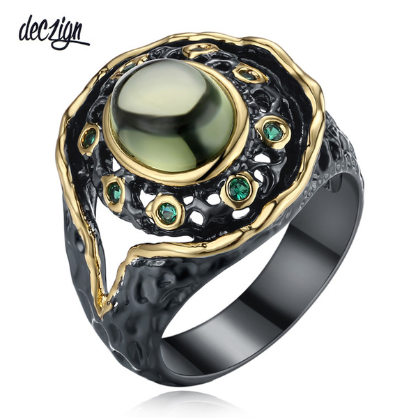 Deczign Neo-Gothic Round Green Zirconia Vintage Ring for Women Black Gold Color Elegant Jewelry Anillos Mujer WA11484