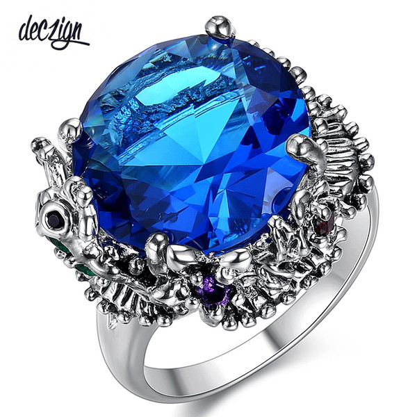 Deczign New Big Blue Cubic Zirconia Ring for Wedding Anti Rhodium Color Royal Crown Look Women Party Jewels WA11544