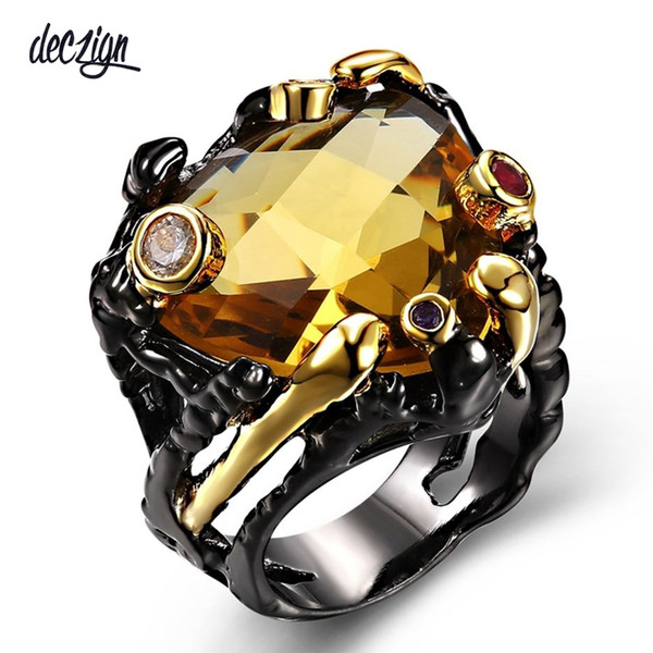 Deczign NEW Vintage Black Gold Rings for Women Big Light Brown Color CZ Zirconia Wedding Party Fashion Jewelry ZR14173