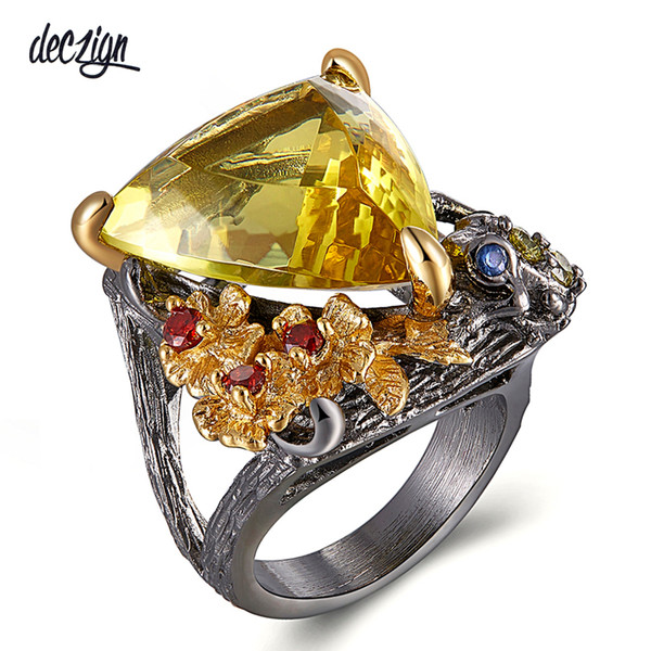 Deczign Chic Fashion Jewelry Ring Big Golden Triangle Zircon Red Flowers Wedding Rings Drop Shipping Hot Pick WA11658