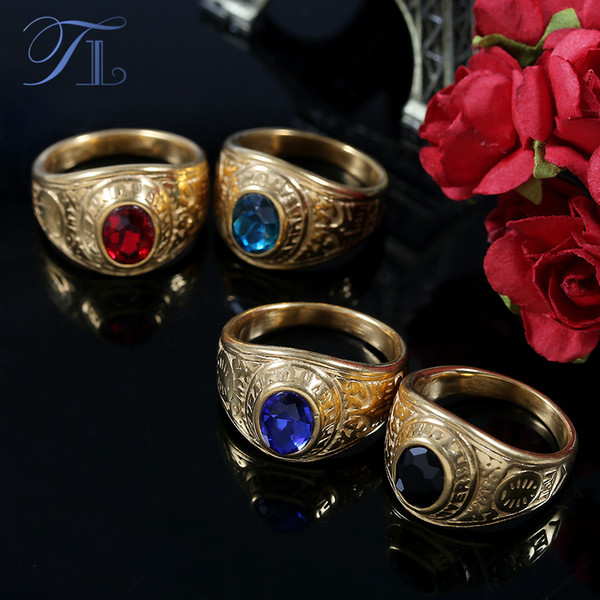 TL Vintage Mens Boys Oval Enamel Finger Rings Golden Tone 316 L Stainless Steel Ring Zirconia Rings Unique Thammasat University