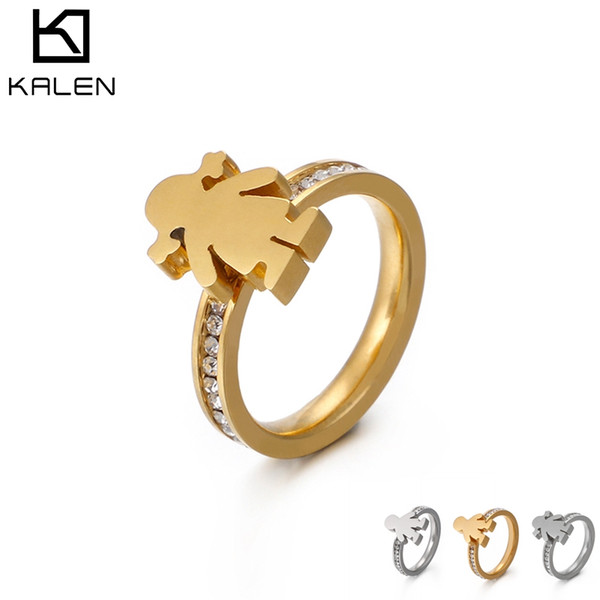 Wholesale Silver/Gold Boy And Girl Charm Ring For Women Stainless Steel Zircon Round Lovely Ring