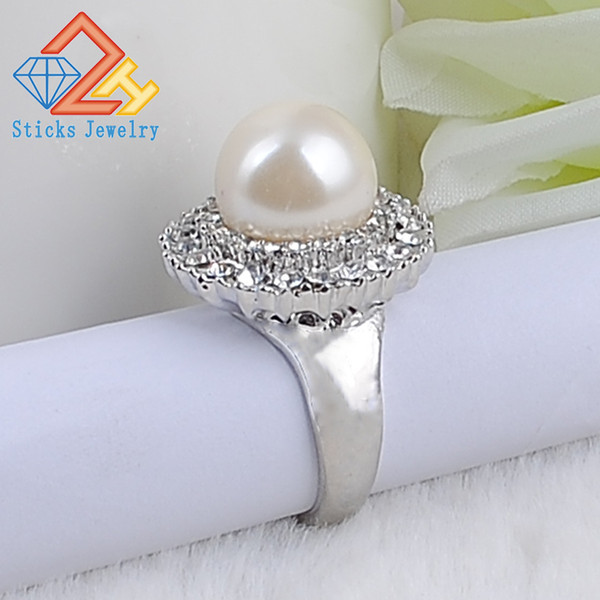 Trendy Round Engagement Rings For Women Big Pearl Shiny Rhinestone Hot Rings Fashion Jewelry