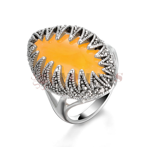 Yoursfs Yellow Resin Rings For Women Retro Oval Stone Antique Silver Zirconia Decoration Ring Jewelry Wife Mother Party Gifts