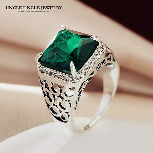 White Gold Color Square Dark Green Cubic Zirconia Hollow out Design Prongs Luxury Finger Ring Wholesale Gift