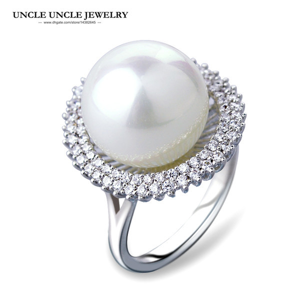 Ultra-big White Gold Color High Quality White Simulated Pearl Zirconia Surround Studded Luxury Trendsetter Woman Ring Party