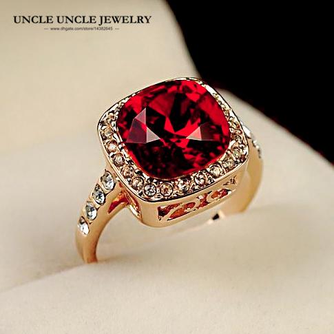 Rose Gold Color Royal Design Square Red Crystal Luxury Woman Finger Ring Wholesale Drop Ship Fashion Jewelry