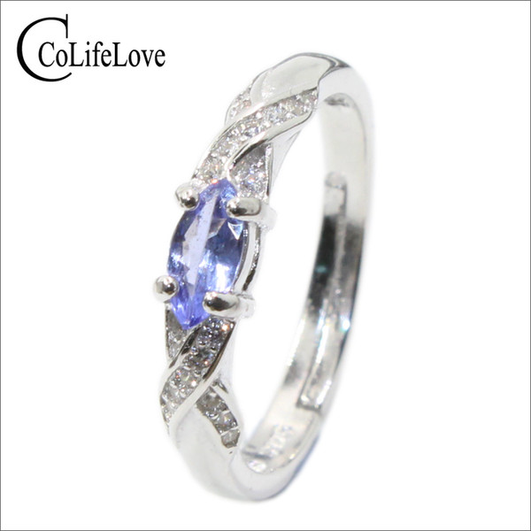 Fashion tanzanite silver ring 3 mm * 6 mm natural VS tanzanite ring for girl solid 925 silver tanzanite engagement ring for lady