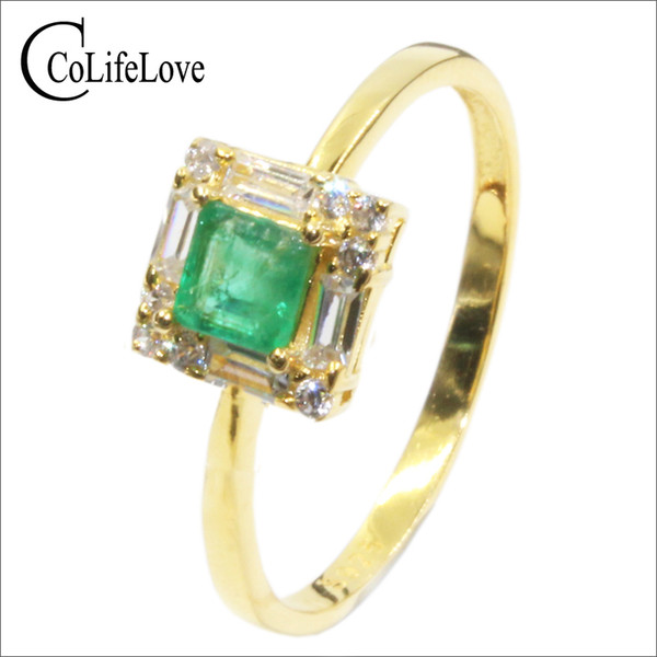 Royal design silver emerald ring 4 mm * 4 mm Princess Cut natural Columbia emerald Solid 925 silver emerald wedding ring for woman