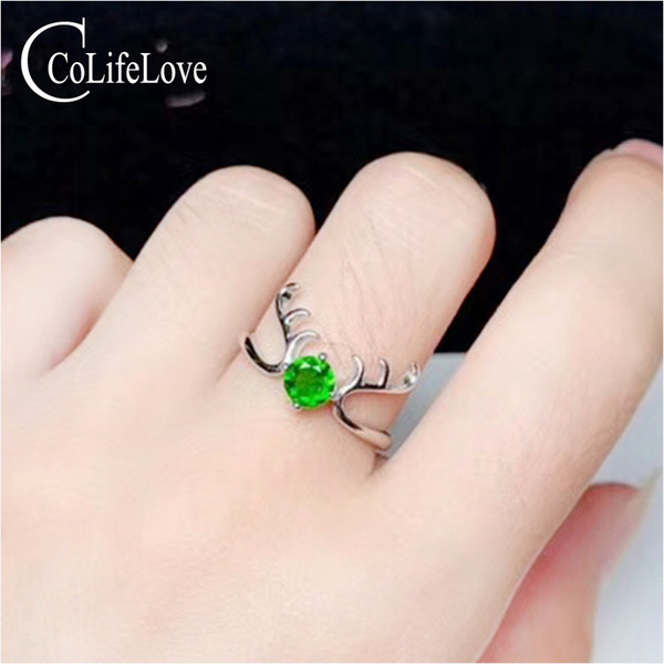 Fashion silver deer head ring for girl 4 mm natural chrome diopside silver ring 925 silver diopside jewelry for party