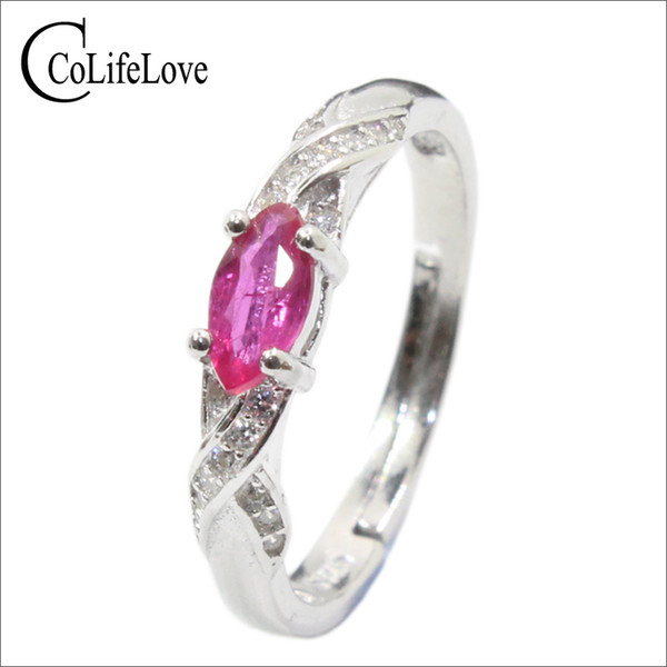 Elegant silver ruby for girl 3 mm * 6 mm natural Myanmar ruby ring 925 sterling silver ruby ring romantic gift for girlfriend