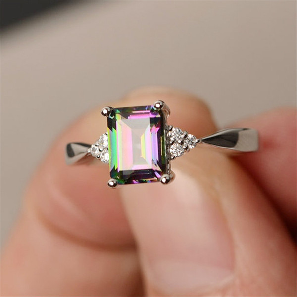 Hot Colorful Stone Square Rings For Women Fashion Creative Personality Inlaid Rainbow Gemstone Ornaments Zircon Rings