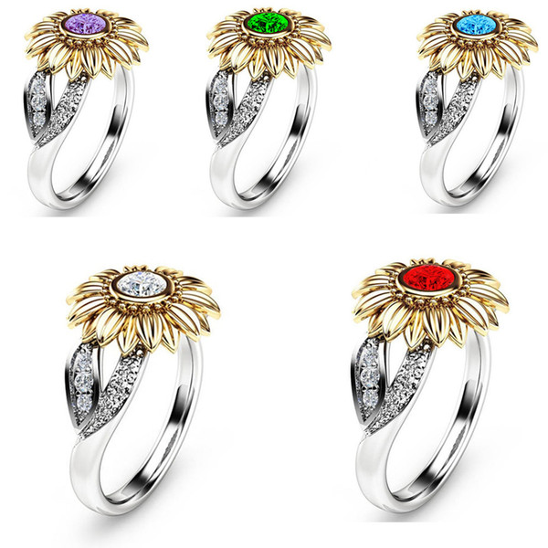 5 Colors Exquisite Crystal Sunflower Pant Shape Rings White Cubic Zircon Silver Ring Women Engagement Wedding Jewelry Gift