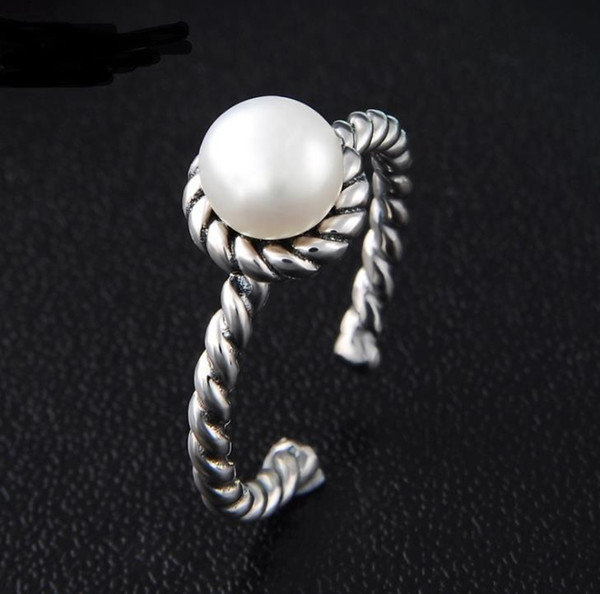 S925 sterling silver ring, female freshwater pearl ring, opening girl, retro Thai silver ring, hand ornament, silver jewelry.