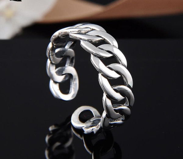 S925 Sterling Silver retro Thai silver ring, girl's knitting ring, finger ring, opening hand ornament.