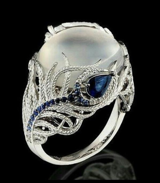 New hot lady, moon stone ring, blue zircon, creative flower ornament