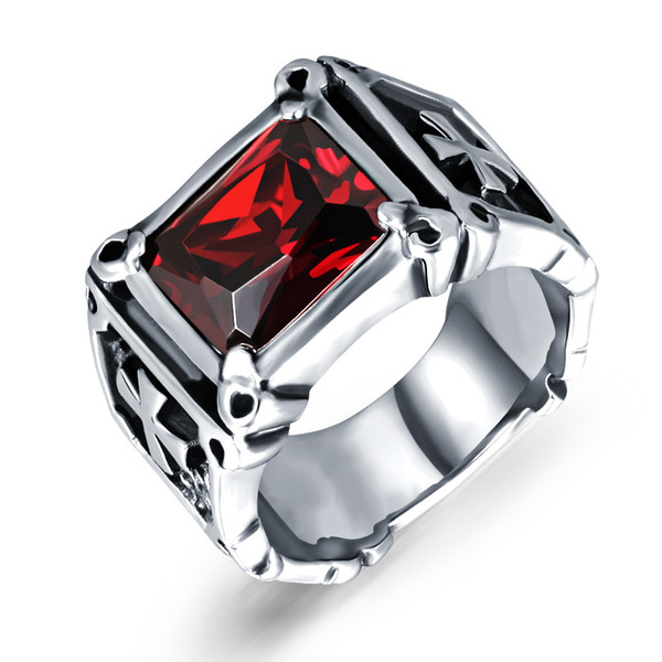 Titanium Steel Men's Ring with Red Zircon Cross Bully European and American Ring New Street Fashion Man Lady