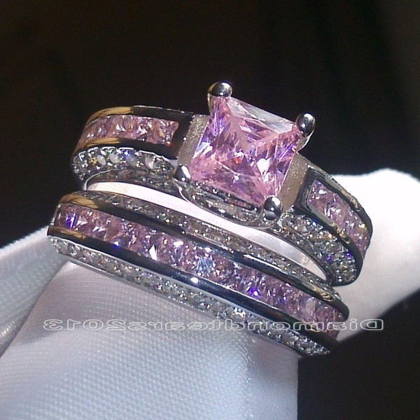 Wholesale Fine Engagement Luxury jewelry Princess pink sapphire10KT white Gold Filled Wedding Diamonique simulate diamond Ring with box