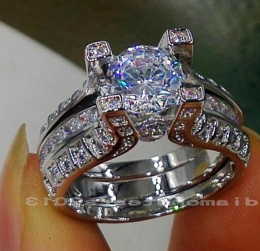 Wholesale free shipping fine Retro 10kt white gold filled GF white topaz Gem Simulated Diamond Engagement Wedding Ring set with box