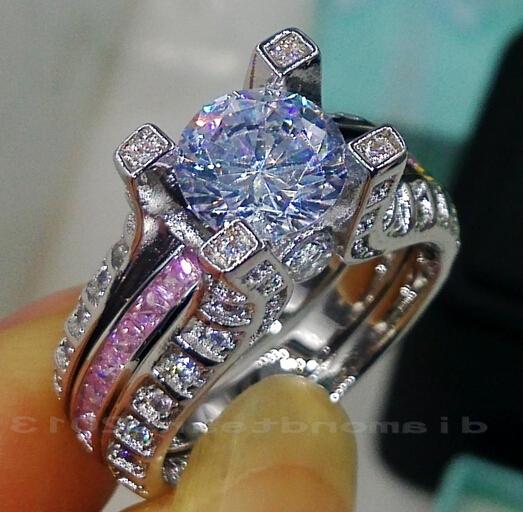 Wholesale free shipping fine Retro 10kt white gold filled GF pink sapphire Gem Simulated Diamond Engagement Wedding Ring set with box