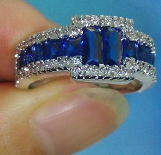 Wholesale - Luxury Size 9/10/11 Brand Jewelry 10kt white gold filled Blue Sapphire Gemstones Men Wedding Ring patty gift with box