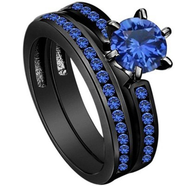 welry luxury 10kt black gold filled blue sapphire Gem weddiing women ring set gift with box