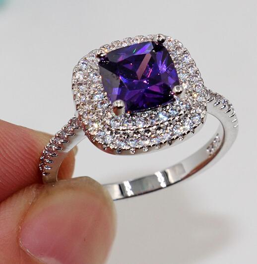 Wholesale - Fashion jewelry Nice Emerald Cut 8mm Amethyst Diamonique 925 sterling Silver filled for Women Engagement Wedding Ring Size 5-11