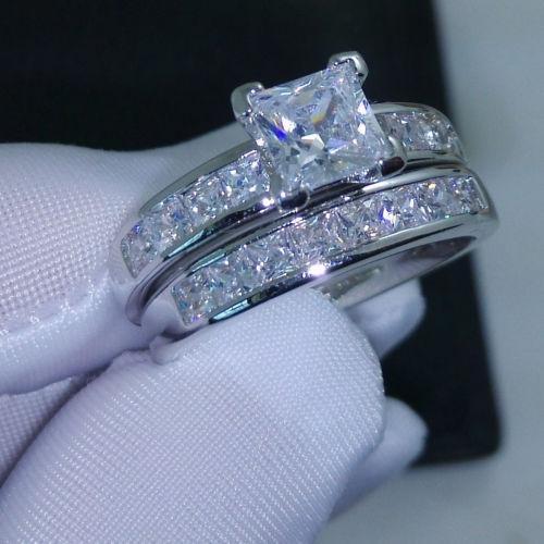 Wholesale -free shipping real fine Jewelry 10kt white gold filled Topaz Princess cut simulated Diamond Wedding Ring set gift with box