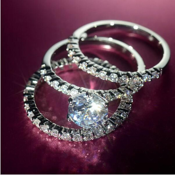 Wholesale free shipping fine New Women Clear Zircon 10KT White Gold Filled 3-in-1 Wedding Simulated Diamond women Band Ring Set with box