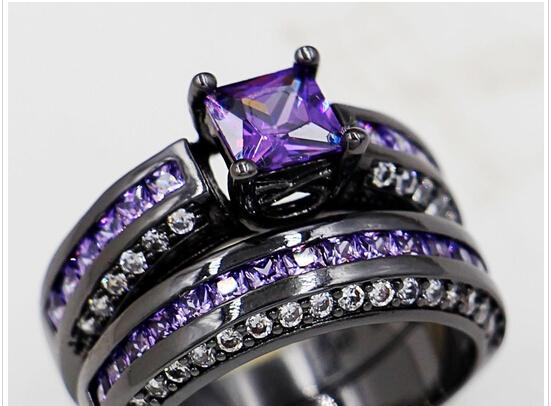 Wholesale - Size 5/6/7/8/9 Brand Jewelry Princess Cut 6mm Amethyst 10KT Black Gold Filled Women lady&039;s Wedding Engagement Ring Sets for