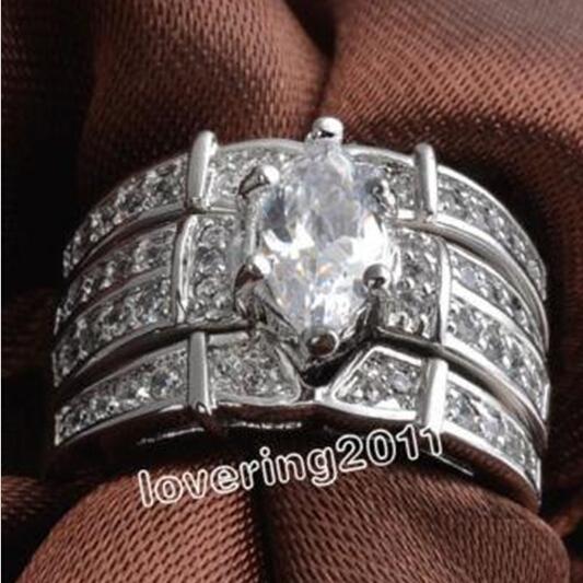 Wholesale - Size 6/7/8/9/10 Fashion jewelry Nice Lover Marquise Cut Topaz 14KT White Gold Filled GF 3 rings Wedding Band Ring Set for love g