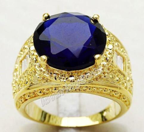 Wholesale Fine Free shipping Fashion jewelry Size 9/10/11 Men's 18K Yellow Gold Filled Huge 15ct Sapphire Diamonique Ring with box