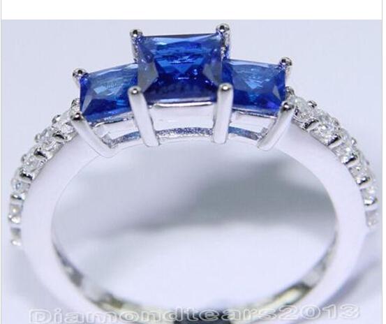 Wholesale - Fashion jewelry Size 5/6/7/8/9/10 3ct Brand 10kt white gold filled blue sapphire topaz Three-stones Wedding Ring for love gift