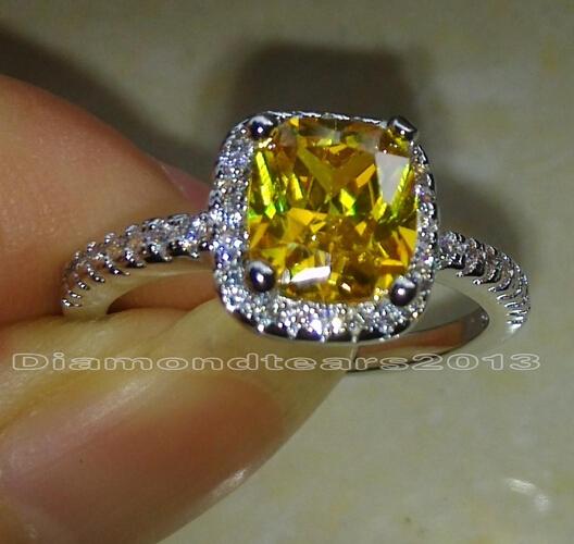 Wholesale - Size 5/6/7/8/9/1 0High quality Fashion jewelry 925 silver filled Yellow topaz princess cut Topaz Gem Women wedding ring for love