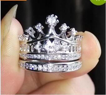 Wholesale free shipping fine Retro Size 5-10 jewelry 925 silver filled white Topaz Wedding Crown Ring Set gift