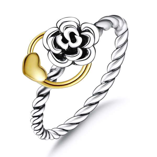 925 Sterling Silver Gold Plated Hearts Floral Rings With Clear CZ Ring Finger For Women Female Fashion Original Jewelry