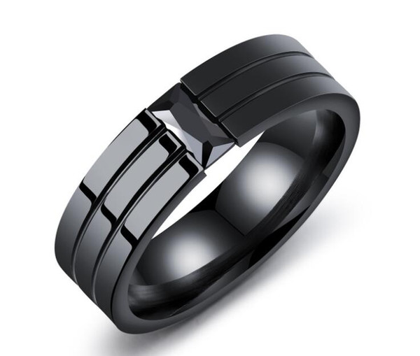 Europe and the United States black titanium steel engraved clips inlaid black zircon ring fashion personality personality men's ring