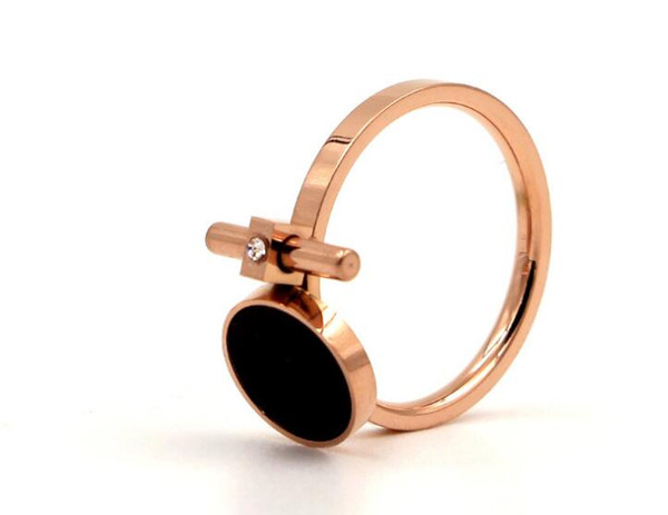 Korean version of the round bar black round cake with diamond rose gold titanium steel ring tail ring simple girl jewelry