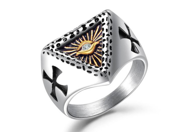 European and American personality devil's eye triangle Masonic cross men's titanium steel ring