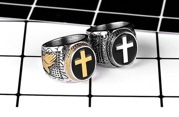 European and American models of men's retro titanium steel cross ring Punk domineering fashion gold-plated fingers