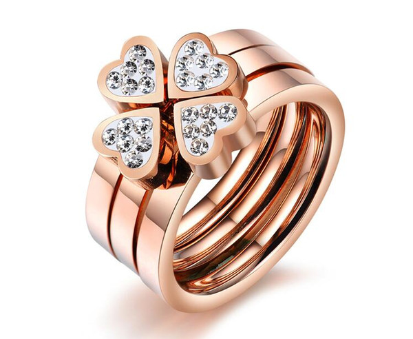 Clover Rose Gold Three-in-One Ring Diamond One Ring Three Wear Love Heart Titanium Steel Ring