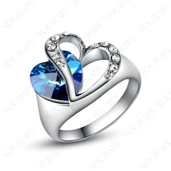 Yoursfs Unique Jewelry 18 K Rhodium Plated Gold Plated Use Crystal DoubleHeart Of Ocean Wedding bling Rings for women R084W1