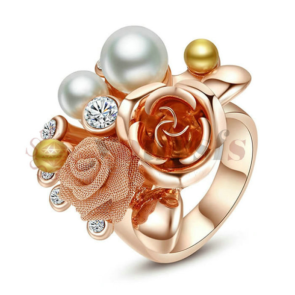 Yoursfs 18K Rose Gold Plated Pearl Flower Ring Use Austrian Crystal Fashion Jewelry