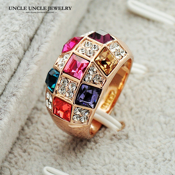 Rose Gold Color Multicolor Austrian Crystals Inlaid Luxury Queen Style Woman Finger Ring Wholesale