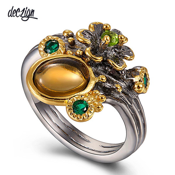 Deczign Hot Pick Vintage Flower Ring for Women Brown Color Zircon Two Tone Chic Fashion Jewelry Wedding Rings WA11668