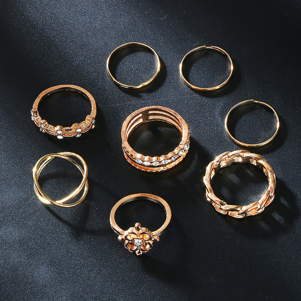 Fashion Gold Alloy Ring Set With Diamond Rings In Different 8 Sizes Gift For Girl and Lady